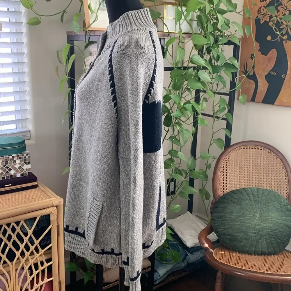 M.i.H Jeans London Gray & Navy Wool Knit Button Up Forest Tree Cardigan Sweater